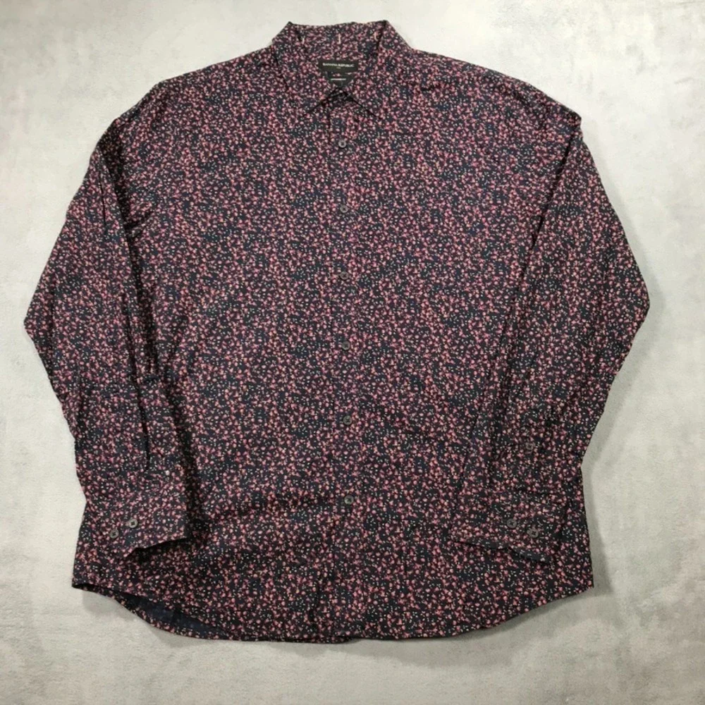 Banana Republic Shirt Men's Large Floral Untucked Fit Button Down Blue Pink